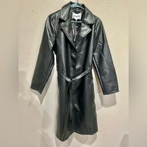 Jason Wu Faux Leather Black Button Front Belted Midi Trench Coat Medium $298 NWT